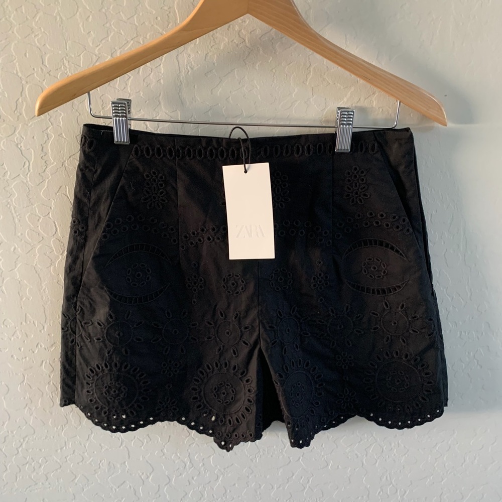 Zara Black Eyelet Scalloped Hem Women's Shorts